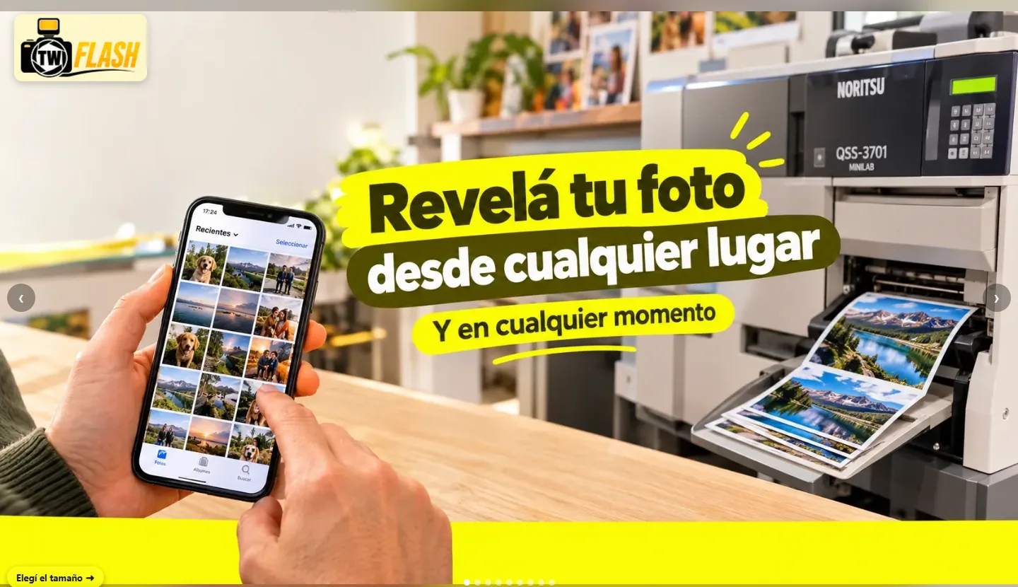 Portada de trelewflash.com.ar en una computadora: banner «Revelá tu foto desde cualquier lugar» junto a una impresora de fotos